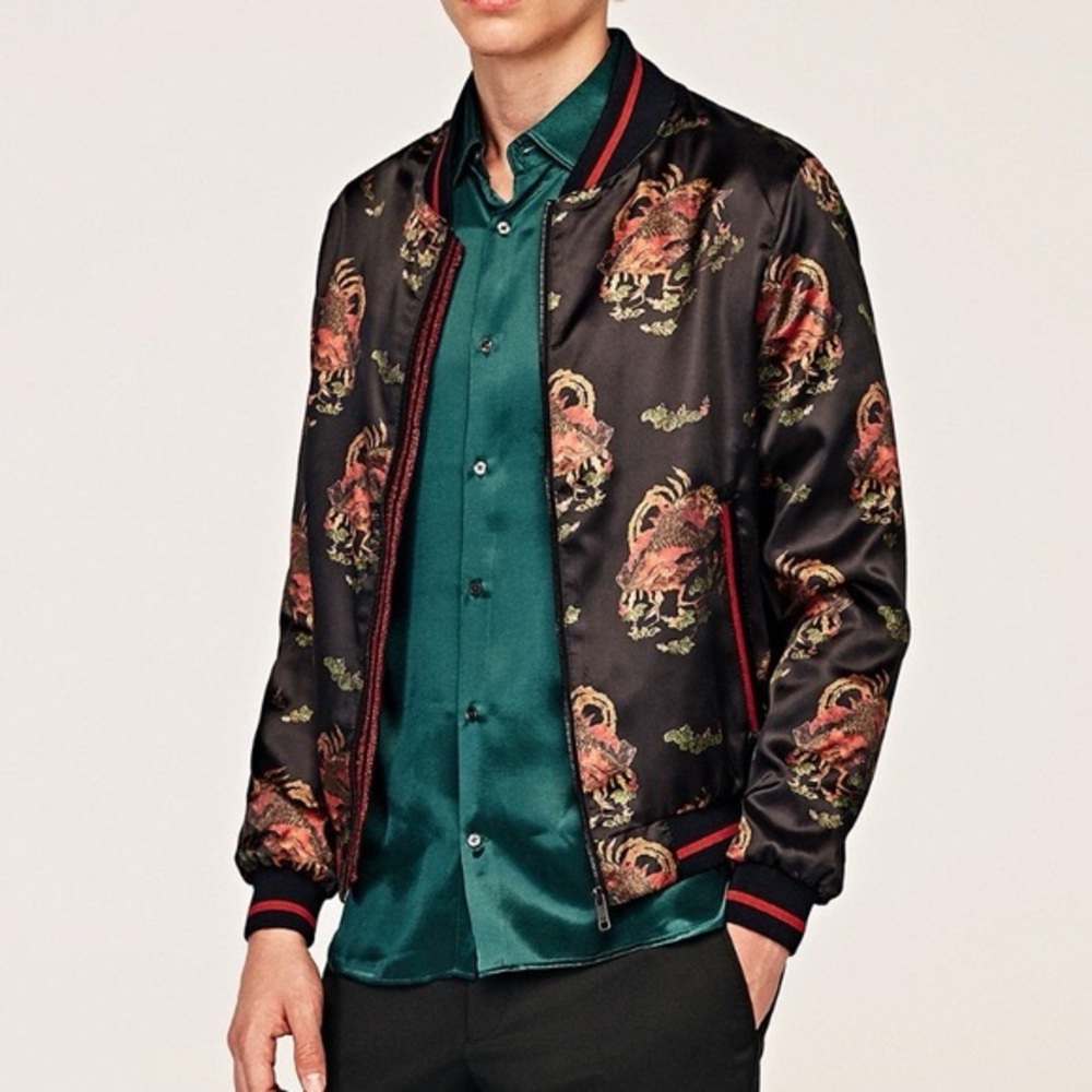 Zara Man Black Bomber Jacket with Red Dragon Design